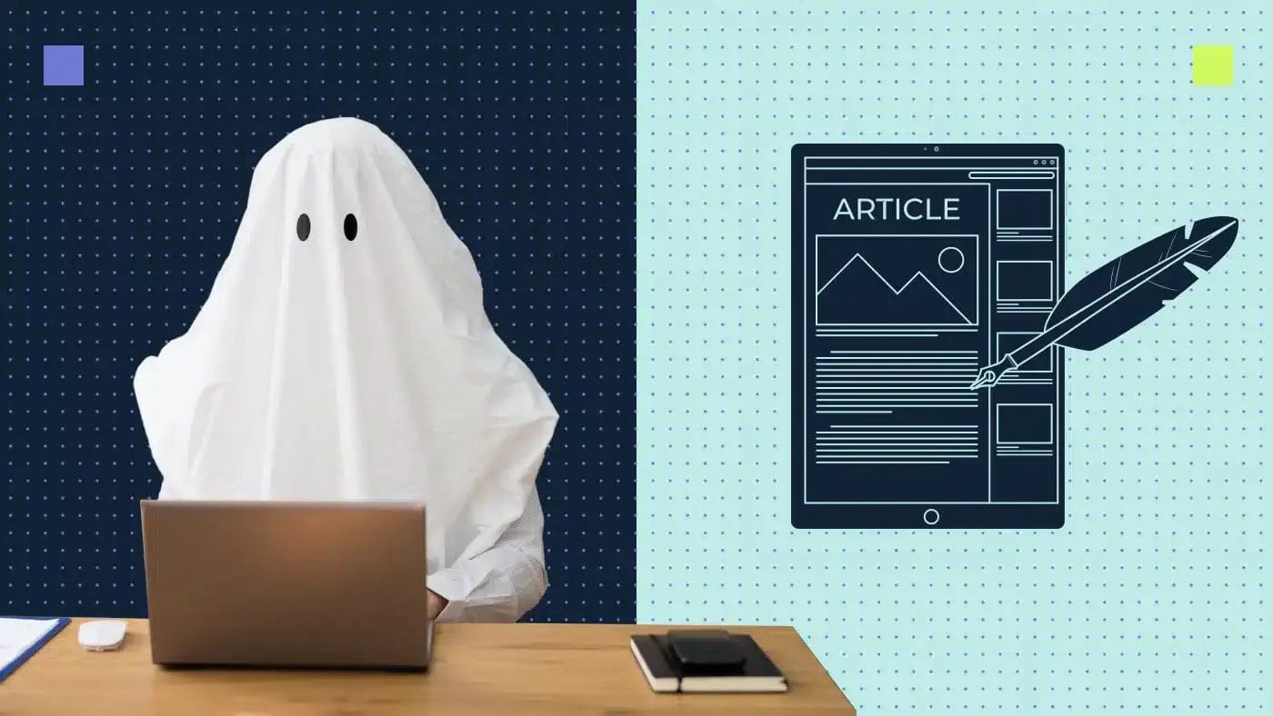A person in a ghost costume and illustration of an article, representing a ghostwriter
