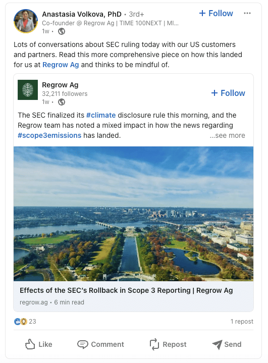 LinkedIn post by Anastasia Volkova sharing insights on SEC climate disclosure rules