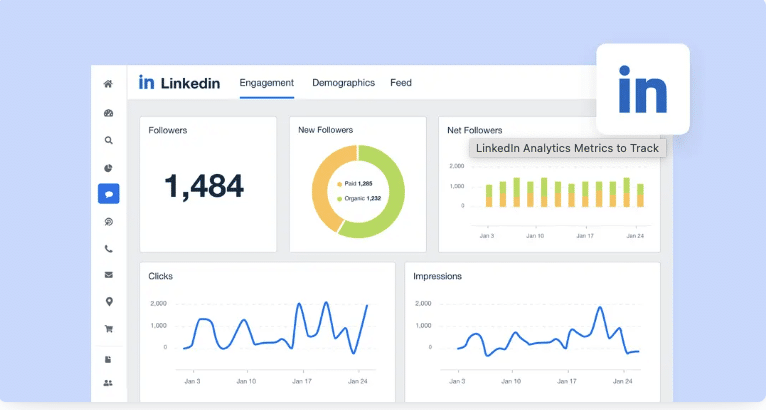 LinkedIn analytics dashboard displaying follower growth, engagement metrics, clicks, and impressions charts.