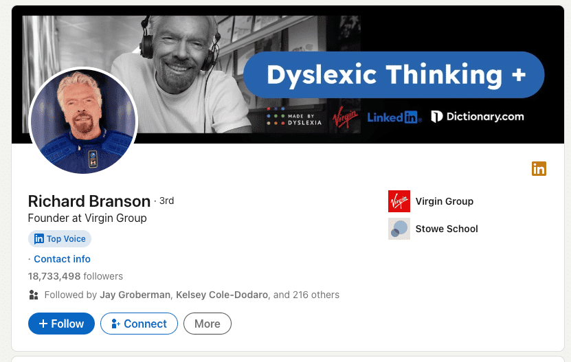 ichard Branson’s LinkedIn profile highlighting high-engagement thought leadership content.