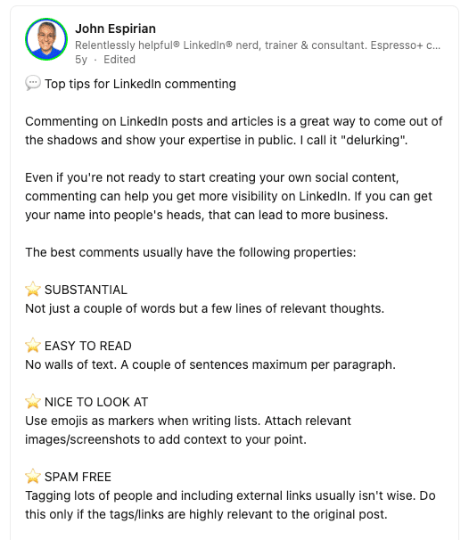 LinkedIn expert John Espirian sharing tips for writing engaging LinkedIn comments.