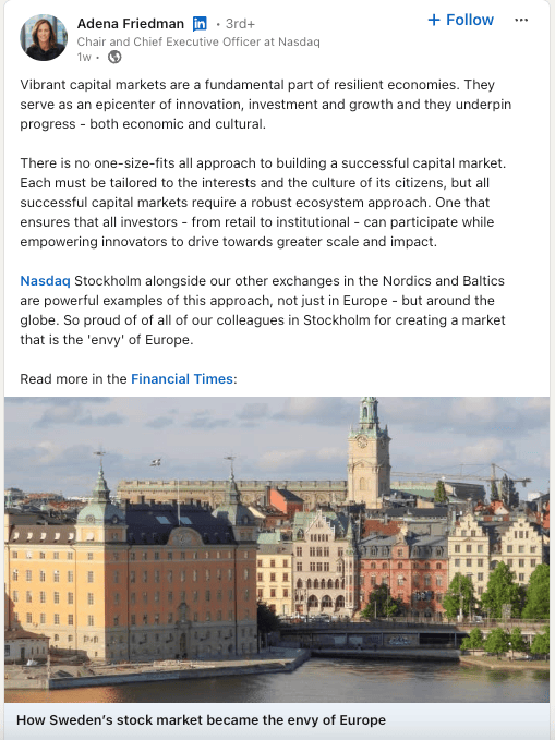 LinkedIn post by Adena Friedman about capital markets, shown with a cityscape of Stockholm.