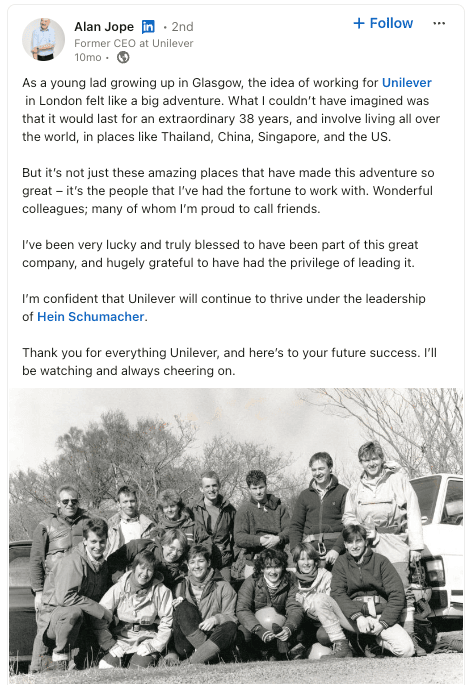 LinkedIn post by Alan Jope sharing reflections on his career and leadership at Unilever, accompanied by a vintage team photo.