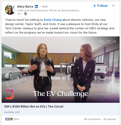 General Motors CEO Mary Barra featured in a LinkedIn post discussing GM’s EV strategy and leadership communication.