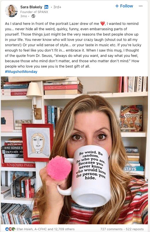 Sara Blakely sharing empowerment and authenticity through her personal brand on LinkedIn.