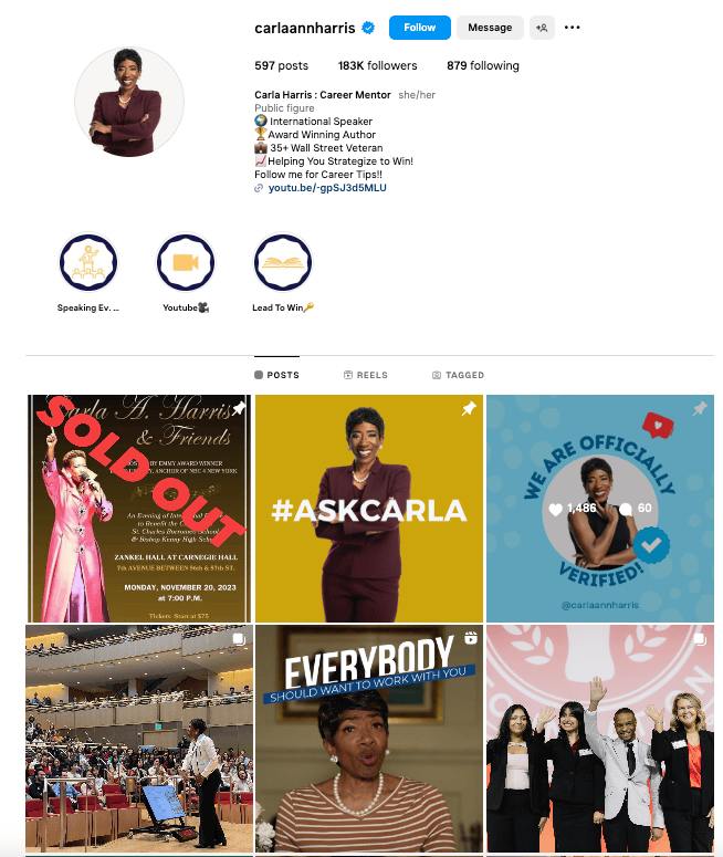 LinkedIn profile of Carla Harris highlighting her role as a career mentor, speaker, and author.