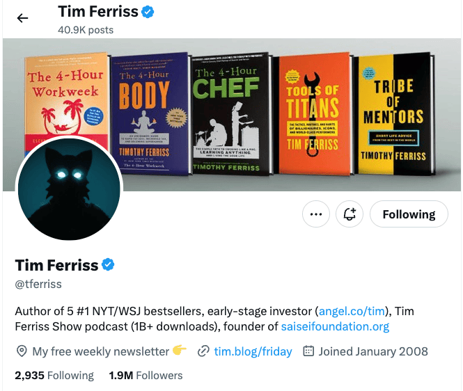 Tim Ferriss Twitter profile with books