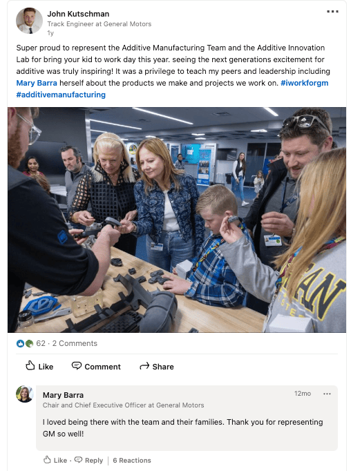 LinkedIn post by John Kutschman showing employees and children exploring additive manufacturing at General Motors.