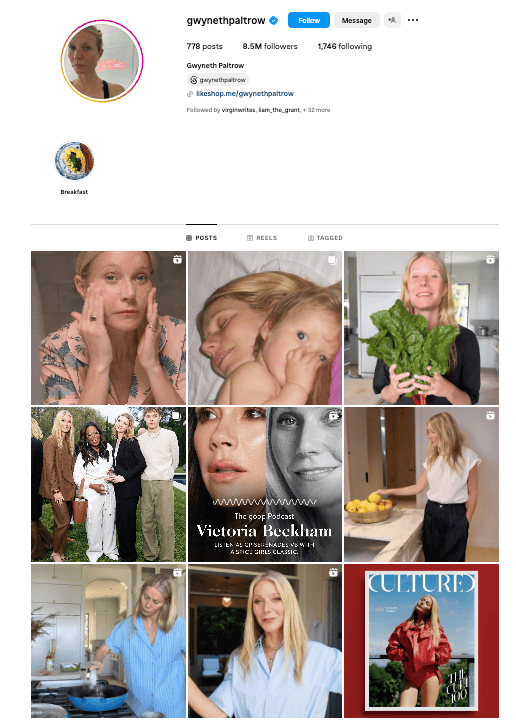Gwyneth Paltrow Instagram profile screenshot