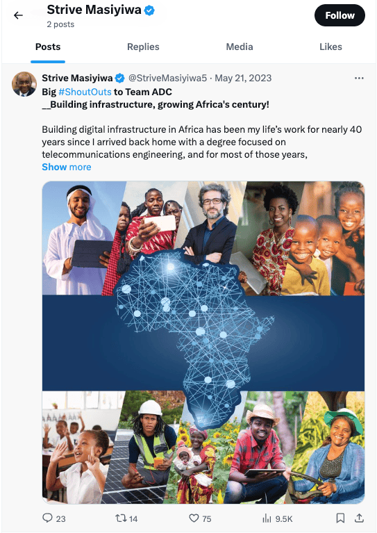 Social media post by Strive Masiyiwa about growing Africa’s digital infrastructure, illustrated with people and a connected map of Africa.