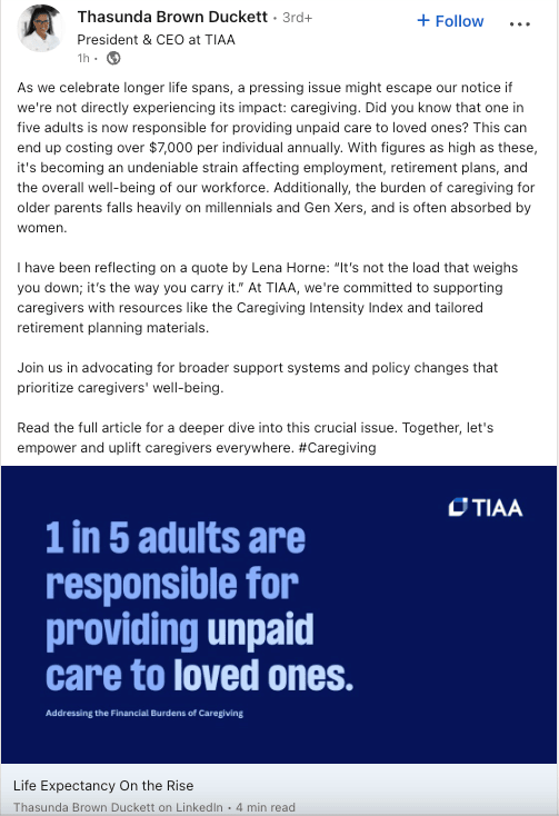 LinkedIn post by Thasunda Brown Duckett highlighting that one in five adults provide unpaid care to loved ones.