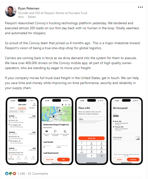 LinkedIn post by Flexport CEO Ryan Petersen discussing the relaunch of Convoy’s trucking technology platform, accompanied by mobile app screenshots.