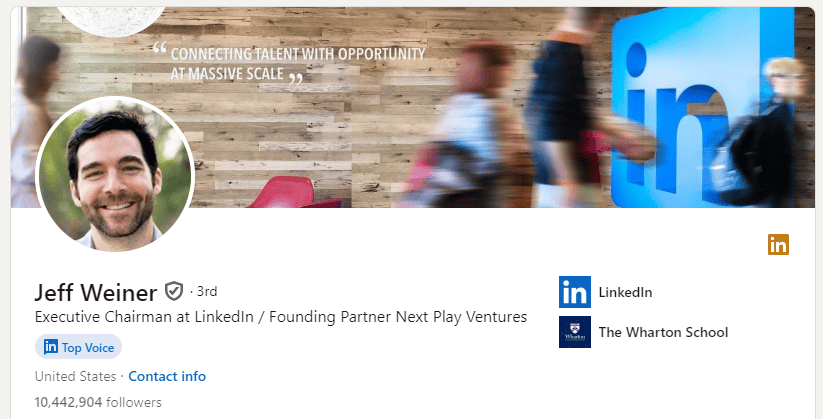 Jeff Weiner LinkedIn profile showing CEO bio example