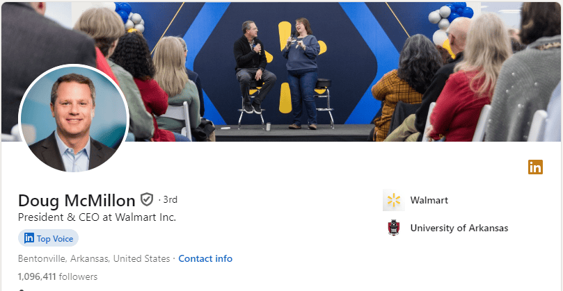 Doug McMillon’s LinkedIn profile highlighting his CEO bio and leadership at Walmart