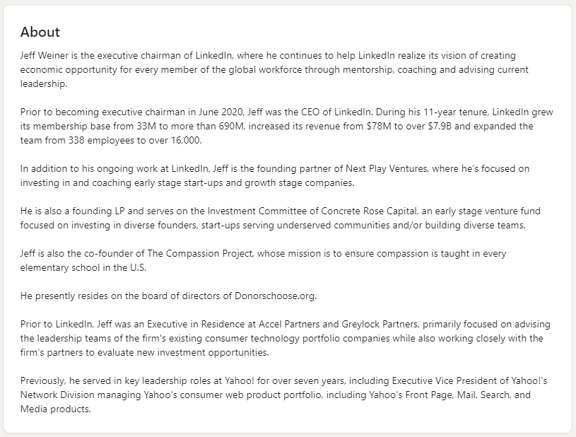 Jeff Weiner’s LinkedIn About section showcasing leadership achievements and career highlights
