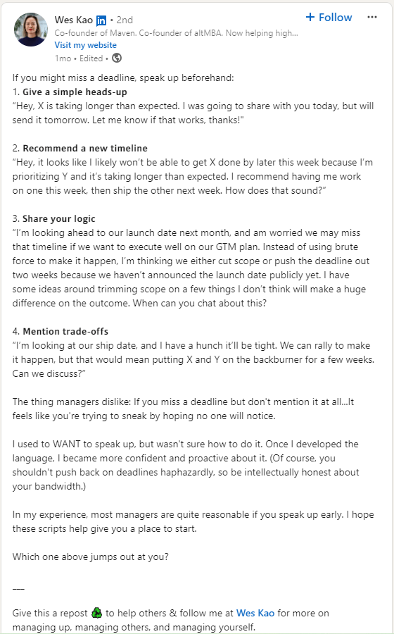 Example of a LinkedIn post sharing practical career advice and leadership guidance