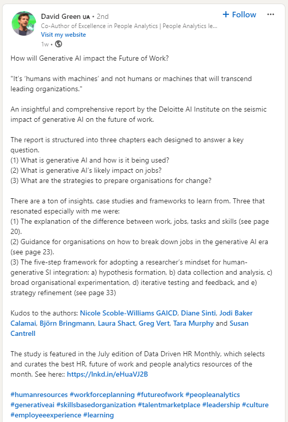 Example of a LinkedIn post sharing key insights from an industry report on generative AI