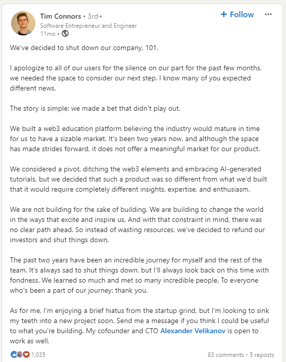 Example of a LinkedIn post sharing a personal story and professional reflection