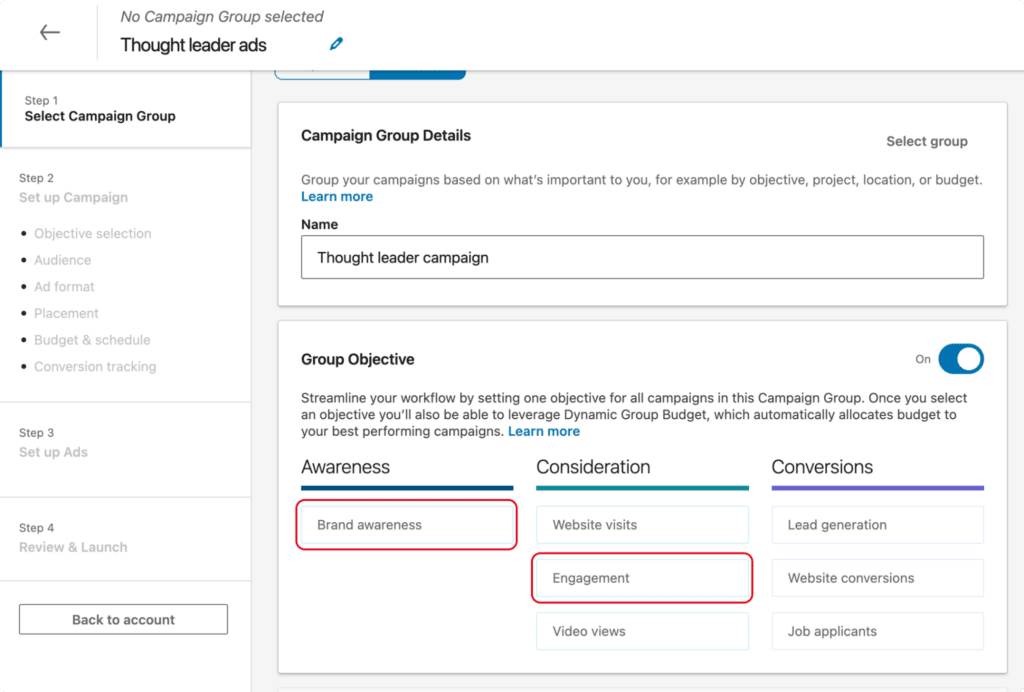 Step #2: Choose your objective — either brand awareness or engagement