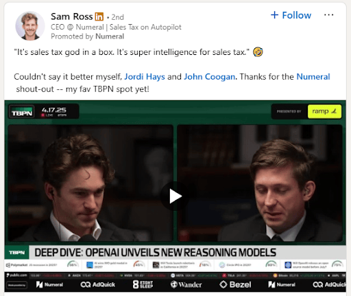LinkedIn Thought Leader Ad featuring Sam Ross, CEO at Numeral, sharing a video interview clip to promote brand awareness.