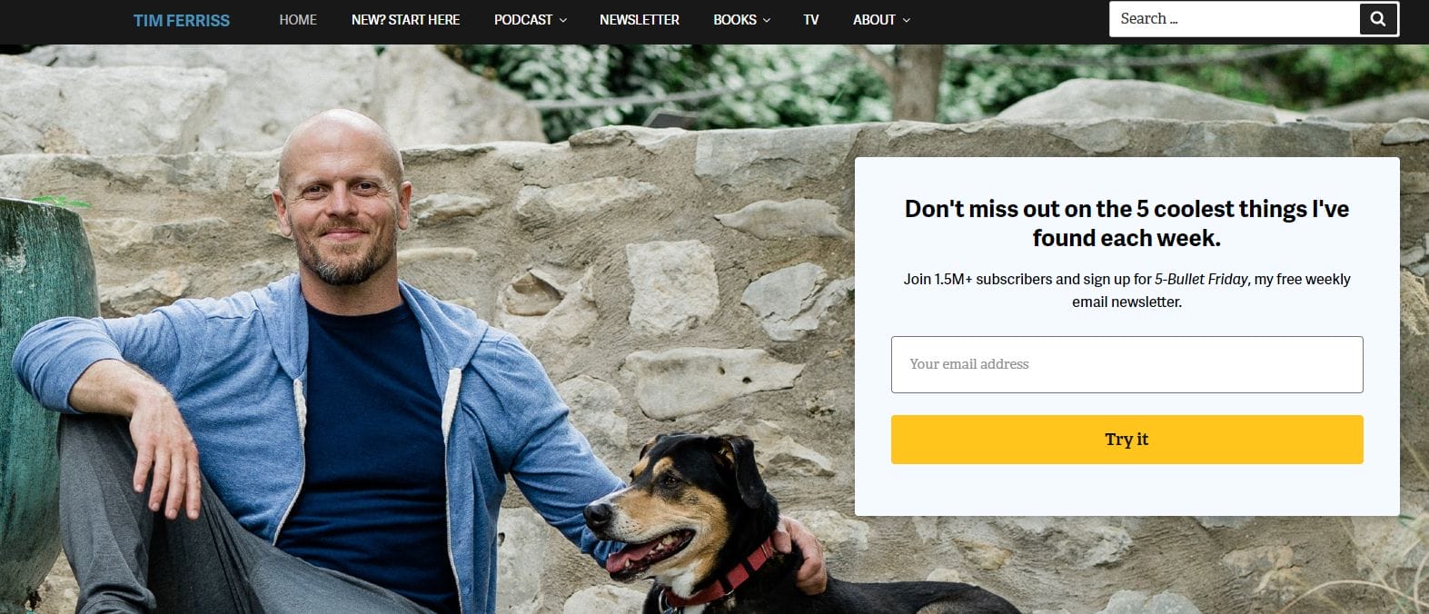 Tim Ferriss featured on his personal website highlighting a distinctive personal brand and newsletter sign-up