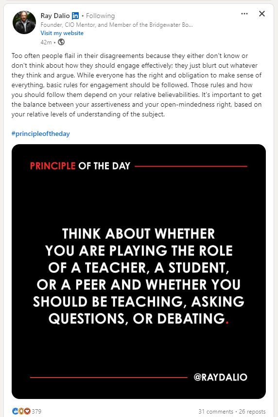 LinkedIn post by Ray Dalio sharing a leadership principle about engaging in disagreement