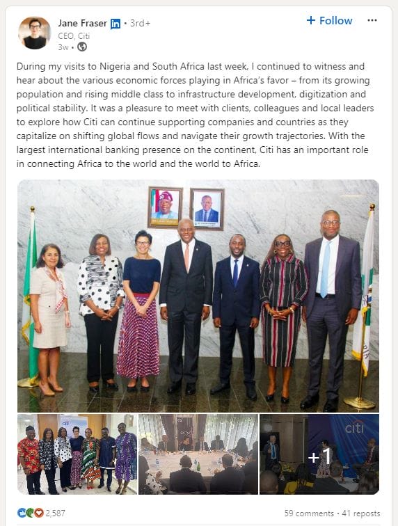 LinkedIn post by Jane Fraser highlighting leadership engagement and global business discussions