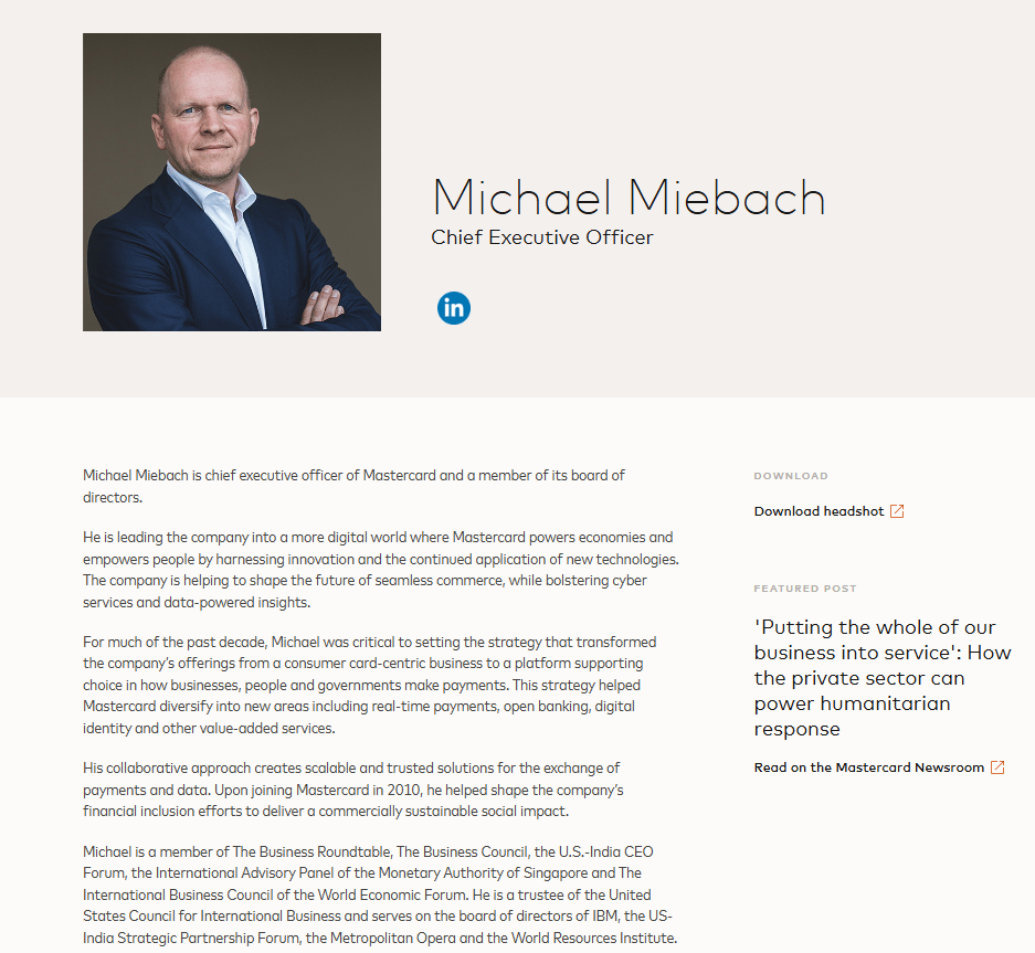 michael-miebach-mastercard-ceo-executive-bio-example Mastercard CEO Michael Miebach opts for a short and sweet executive bio.