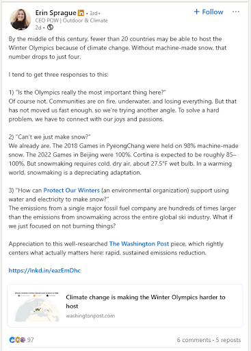 LinkedIn post by Erin Sprague discussing how climate change is affecting the future of the Winter Olympics, with a link to a Washington Post article.