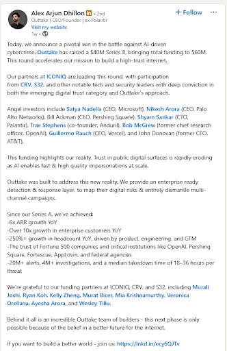 LinkedIn post by Alex Arjun Dhillon announcing Outtake’s Series B funding round and highlighting company milestones and investors.